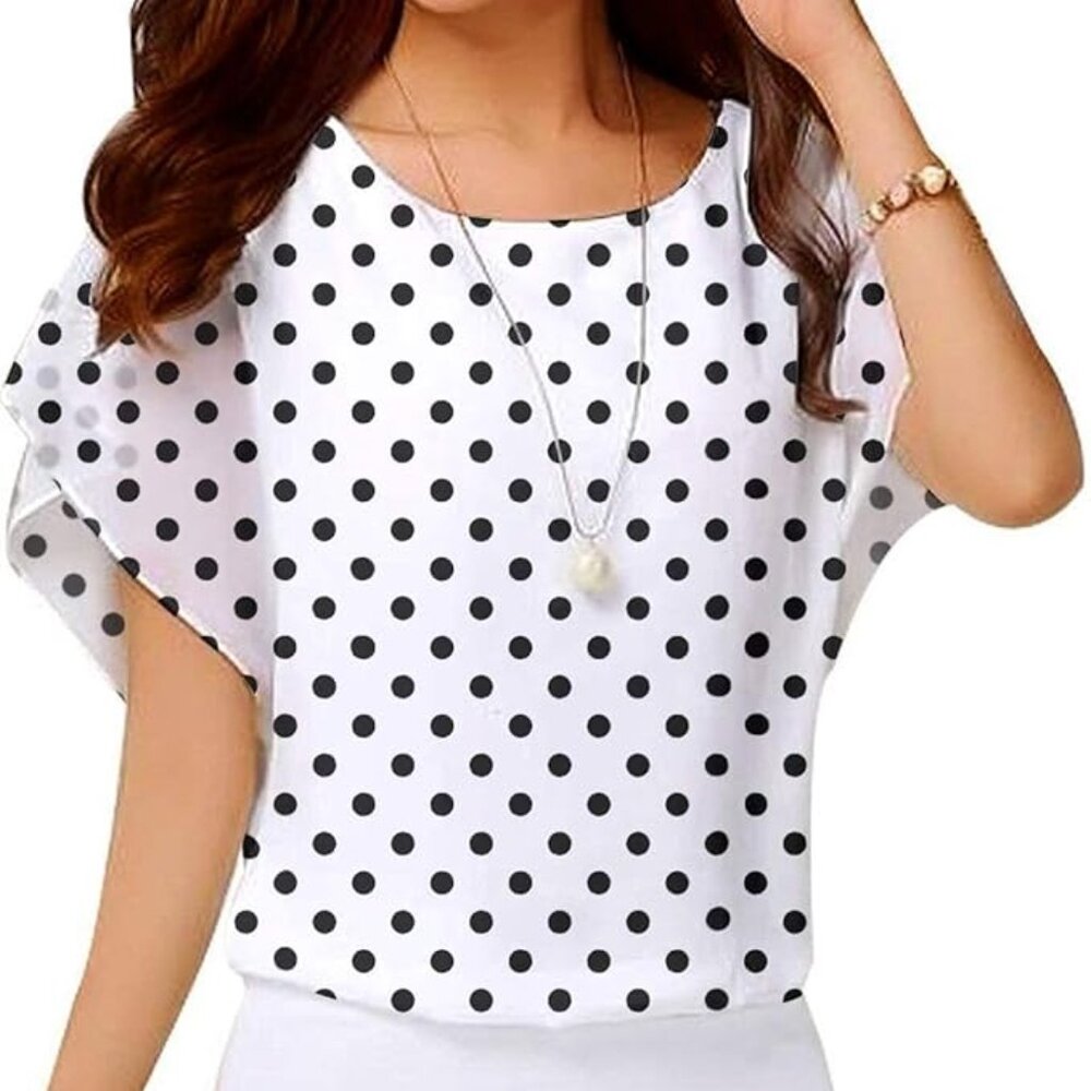 VIISHOW Polka Dot Chiffon Blouse, Professional Top, White/Black, XXL, Very Good